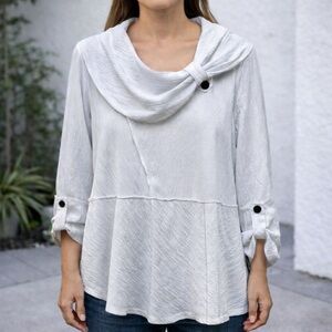 Ali Miles Tunic Top Large White Artsy 3/4 Sleeve‎ Button Detail Cowl Neck Blouse